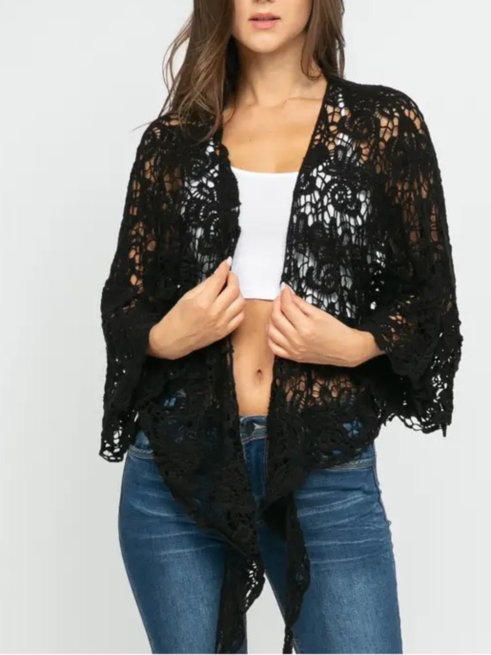 Raj Black Floral Lace Tie-Front Cropped Kimono Cardigan NWT One Size